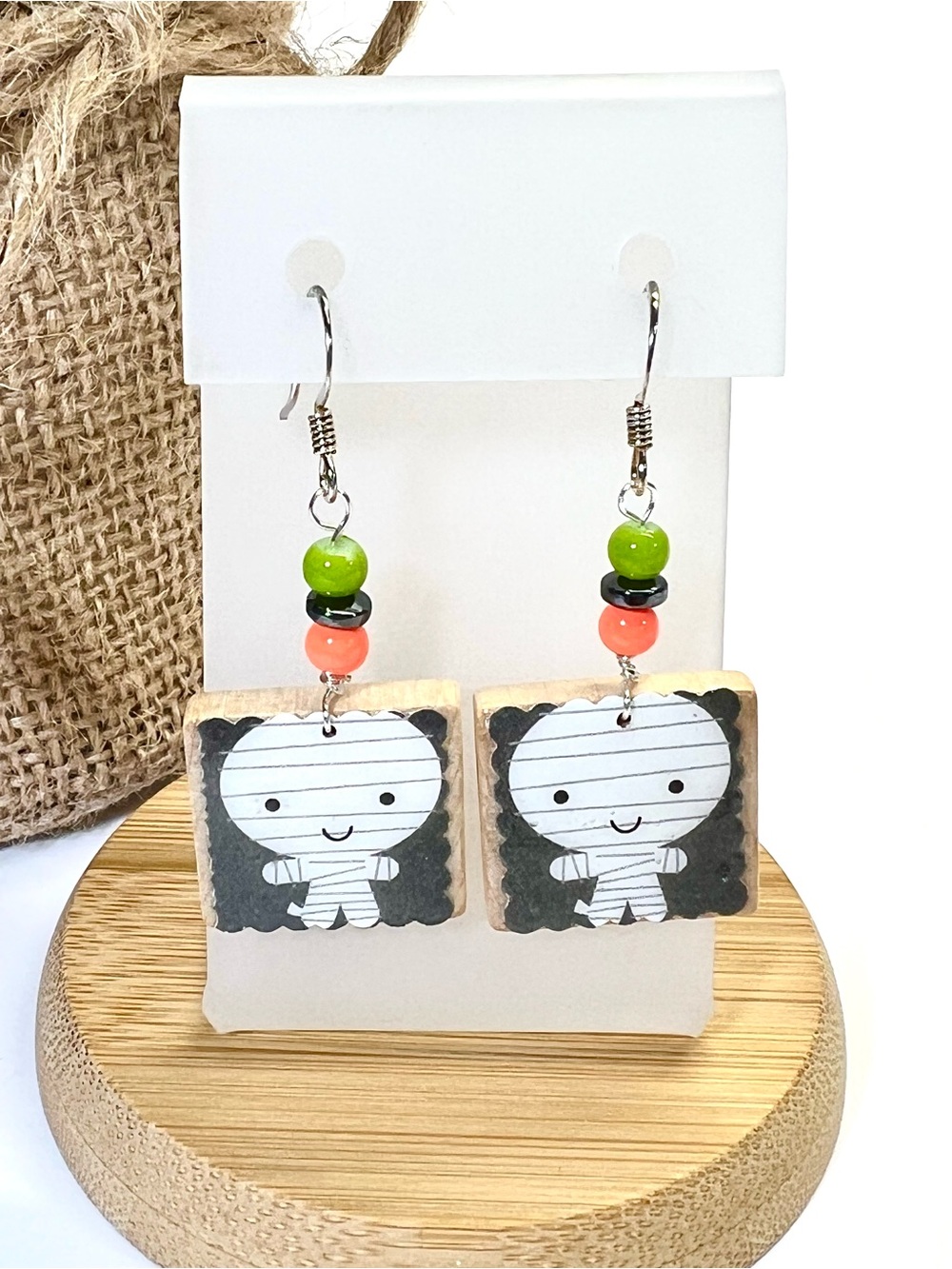 Cute Mummy Character Dangle Earrings - Green, Orange Bead Accents-NEW